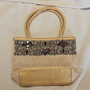 Elegant Beaded Beige Tote Bag